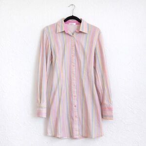 Y2K pastel stripe button down shirt dress tie waist mini